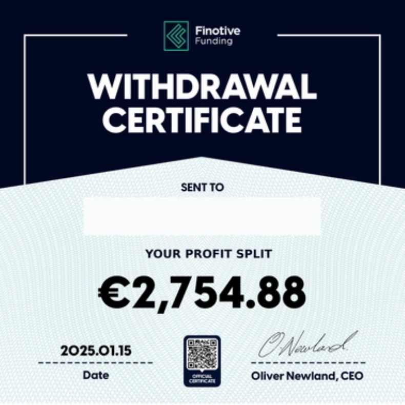 Withdrawal certificate showing a profit split payout